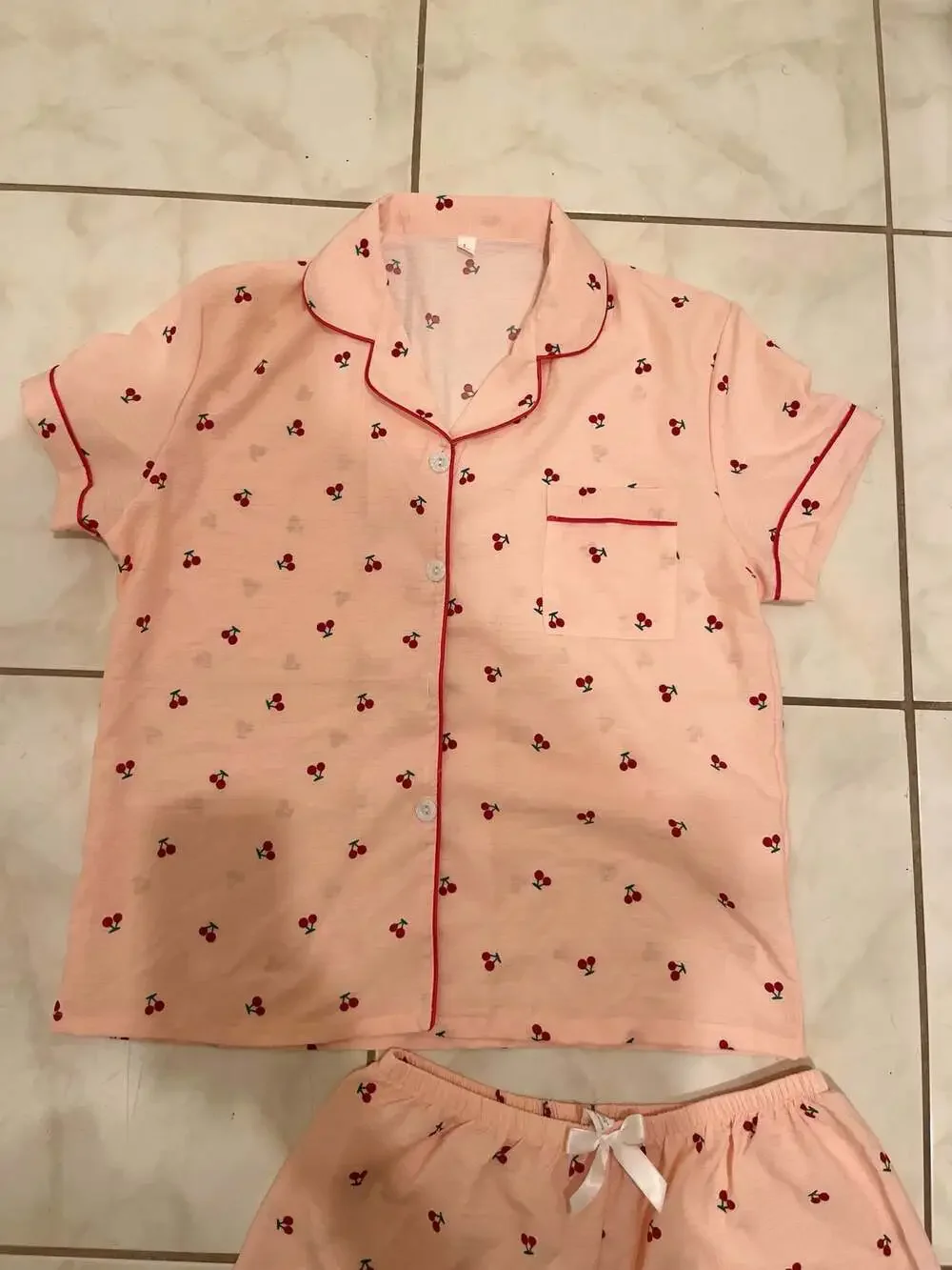 Bonmuse Women's Cherry Print Short Sleeve Button-Down Pajama Set